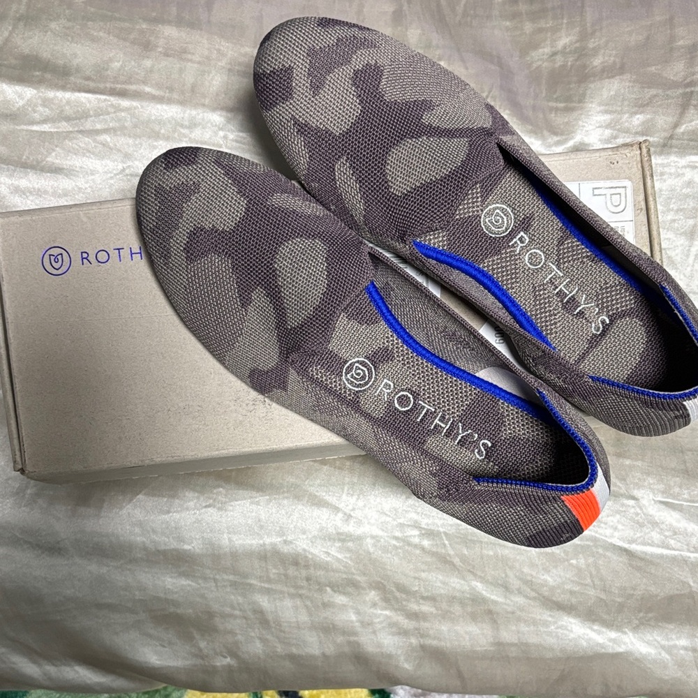 Rothy's Camouflage Flats with Blue and Orange Highlights